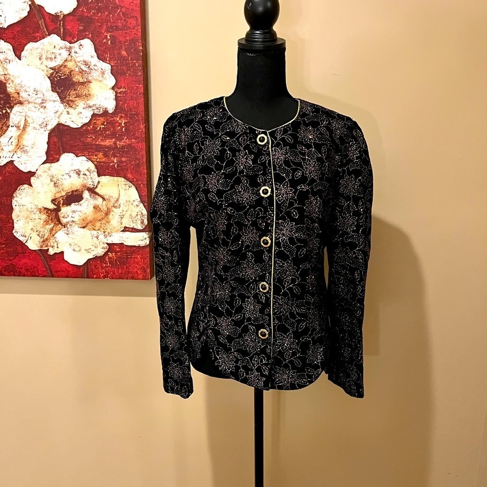 Vintage R&K Evening Jacket Black/Gold Brocade Velvet & Sparkles - Missy 12